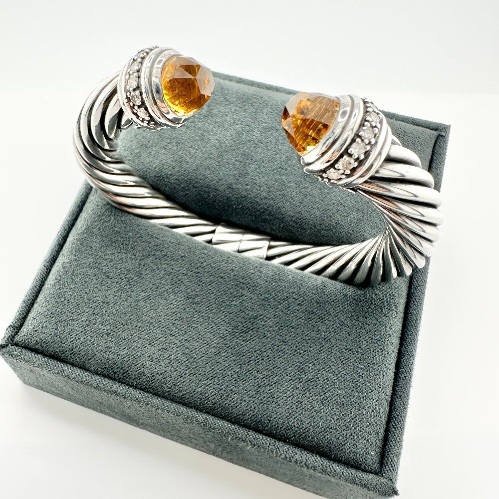 David Yurman Cable Cuff Bracelet w/ White Diamonds & Citrine - 10 mm - Sz Medium